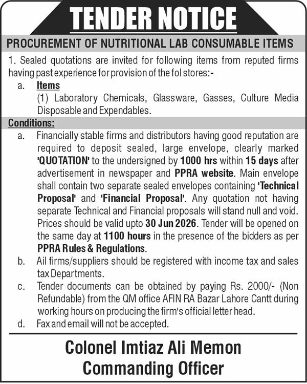 Pakistan Army Tender Notice
